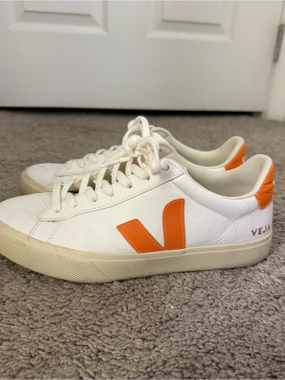 Veja White and Orange Leather Sneakers